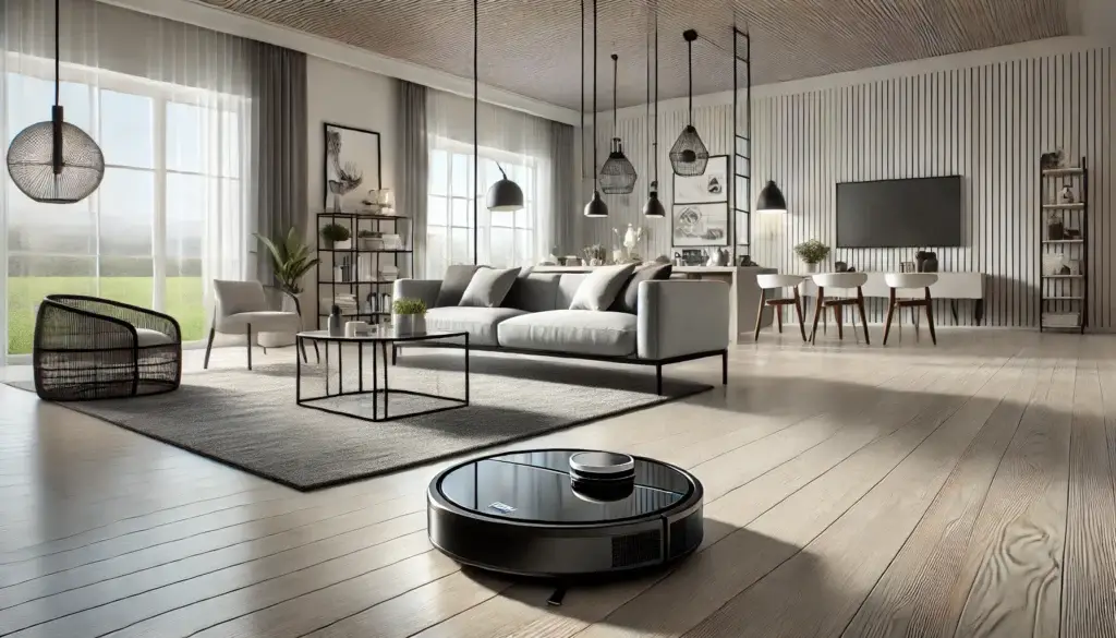 Robot vacuum cleaner operating on hardwood floors in a modern, stylish home.