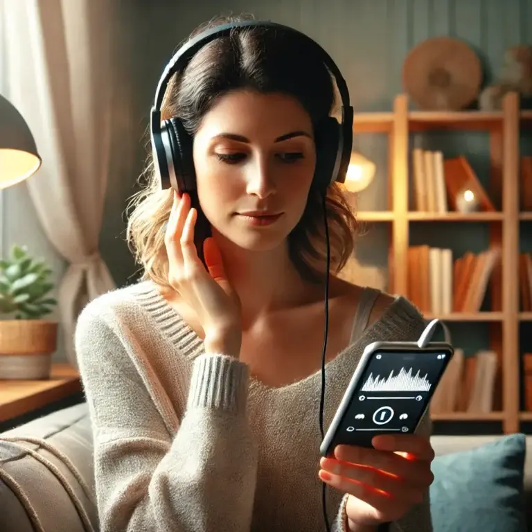 Person listening to an audiobook on headphones in a comfortable chair.