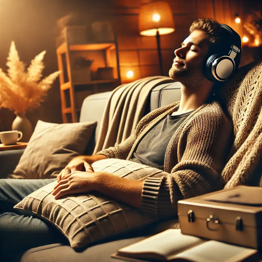 Person lounging on a comfortable couch with headphones, enjoying an audiobook.”