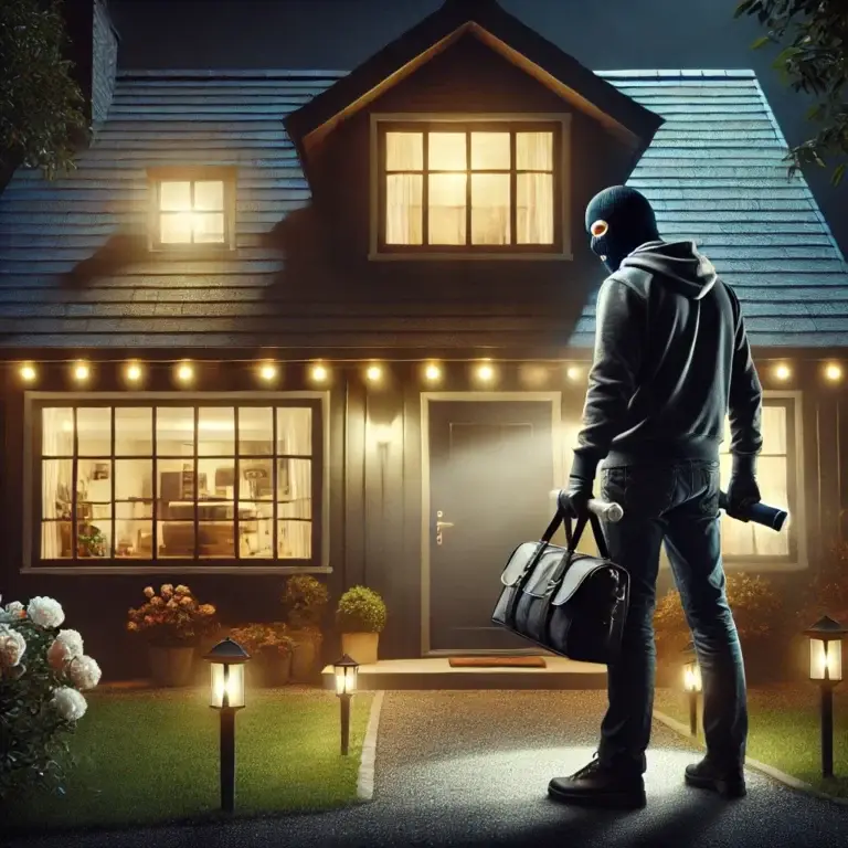 A burglar hesitates outside a brightly lit, secure home at night, deterred by motion-activated lights and a visible security camera