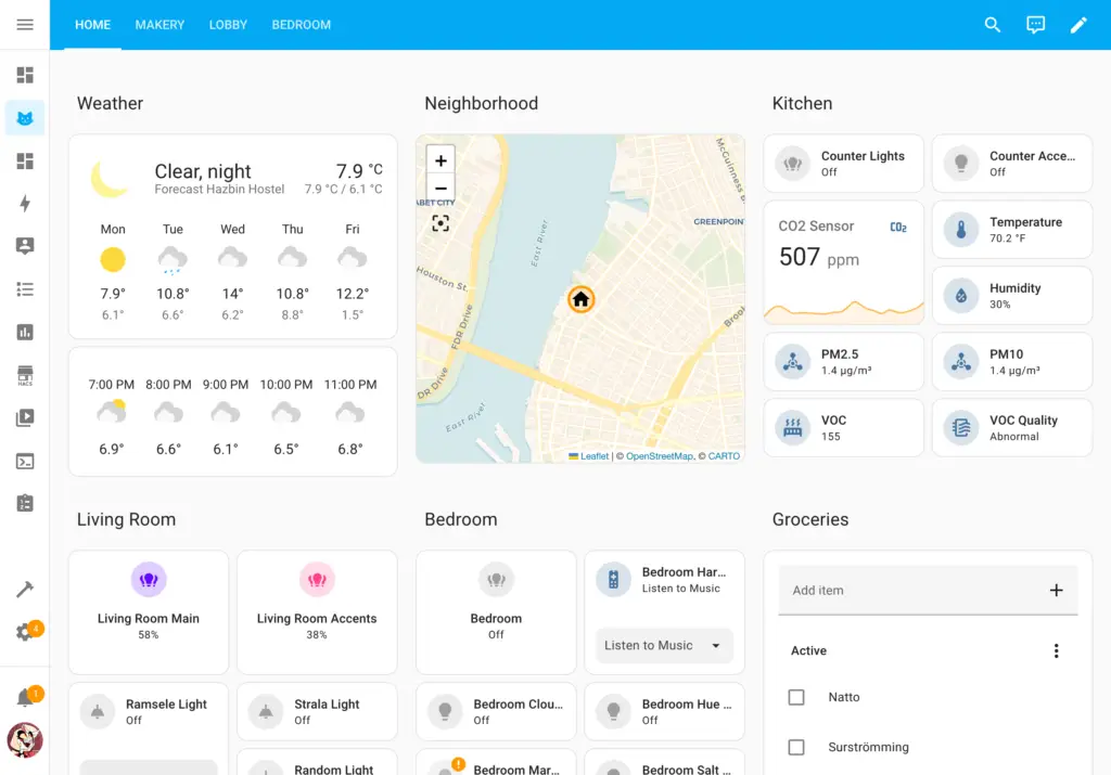 Home Assistant dashboard displaying controls for smart lights, temperature sensors, and security cameras, providing a comprehensive overview of the smart home environment.