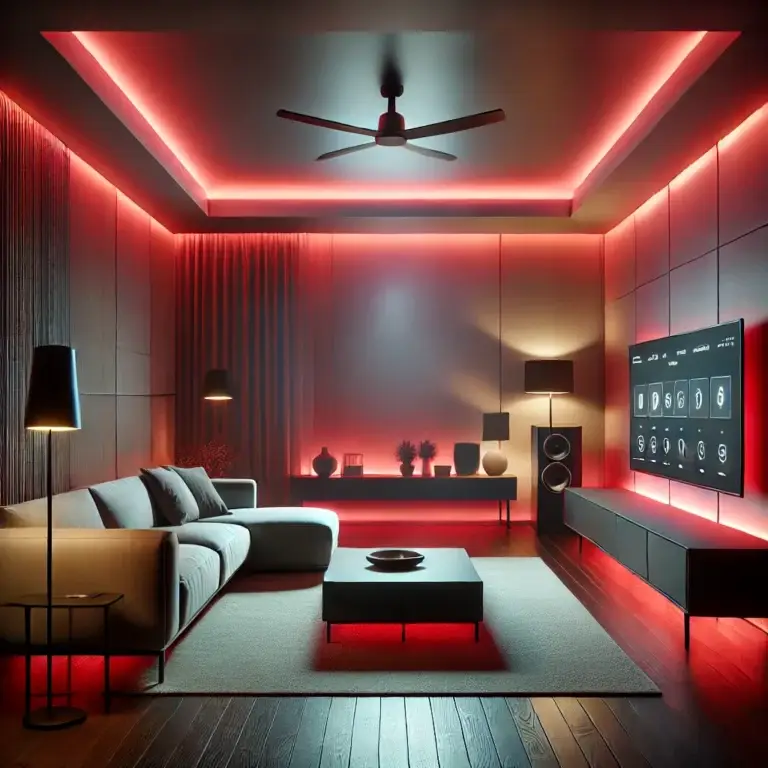 Modern living room illuminated by a red smart LED strip, creating a cozy and ambient atmosphere with minimalistic furniture.