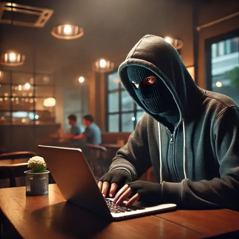 Man in a hoodie and mask sitting behind a laptop in an internet café, attempting to intercept and steal data.