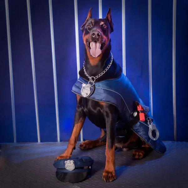 A trained police dog standing alert with its handler, ready to assist in maintaining security and detecting intruders.